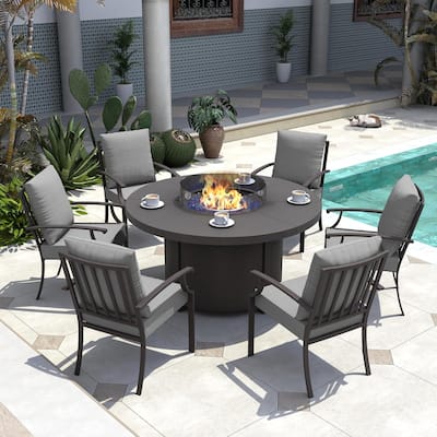 Metal 7 Piece Outdoor Dining Set with Round Fire Pit - 6Chairs + RoundFirepit