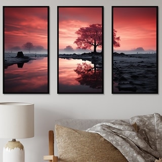 Designart "Silent Raspberry Tree Reverie Landscape I" Tree Framed Art Set of 3 - Modern Pink Wall Art Set 3 Pieces