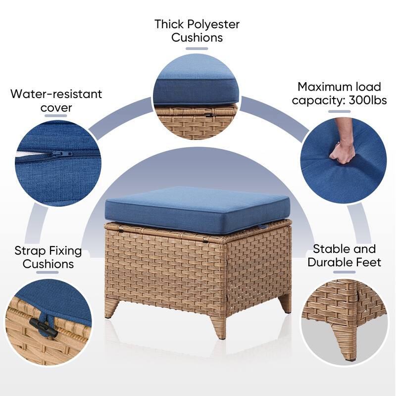 Gymojoy Outdoor Durable Wicker Ottomans with Olefin Cushions