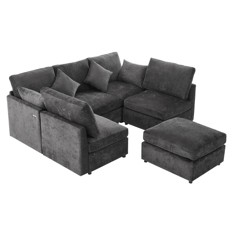 L-Shaped Modular Sectional Sofa Convertible U-Shaped Sofa Bed with Movable Ottoman and 2 USB Ports, 2 Pillows, Chenille 5 Seat