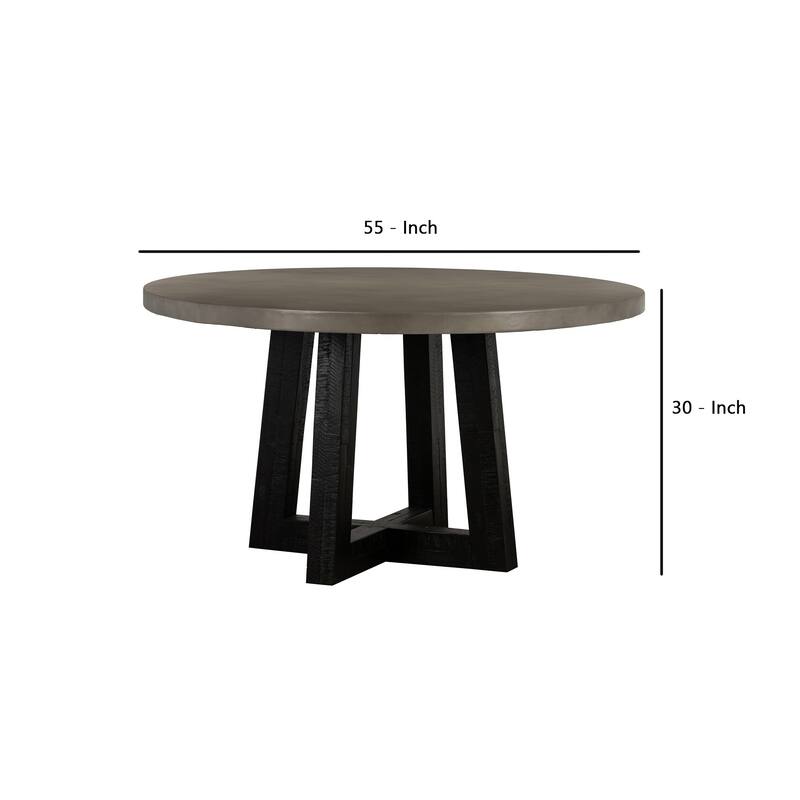 55 Inches Round Concrete Top Dining Table, Gray and Black