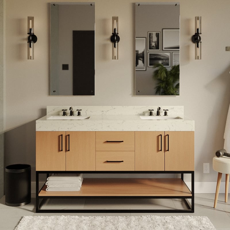KitchenBathCollection Ellis 60" Double Bathroom Vanity with Engineered Marble Top - Blonde