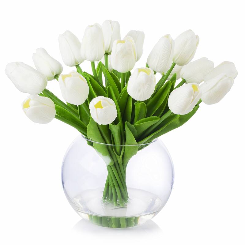 Enova Home Artificial 20 Heads White Real Touch Tulips Fake Silk Flowers Arrangement in Clear Glass Vase for Home Office Decor