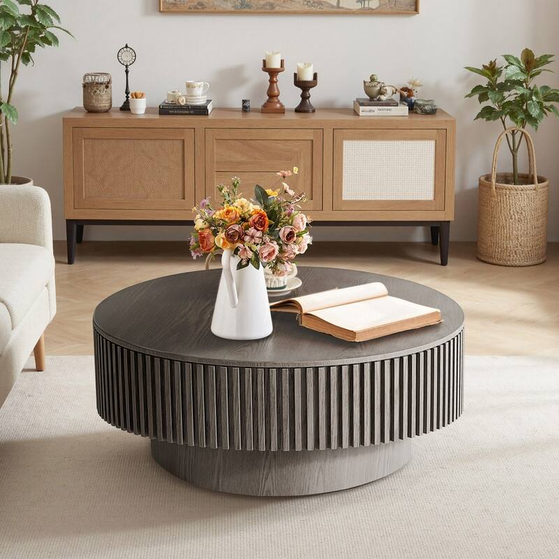 39.37" Round Coffee Table with Storage Solid Wood Veneered Modern Accent Table for Living Room or Bedroom