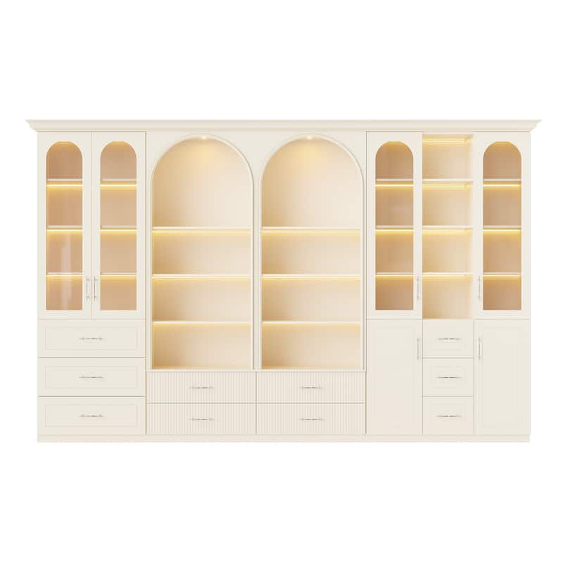 Modular Bookcase with LED Lights, Glass Door Storage Cabinet with Drawers, Large Display Shelving Unit Sideboard