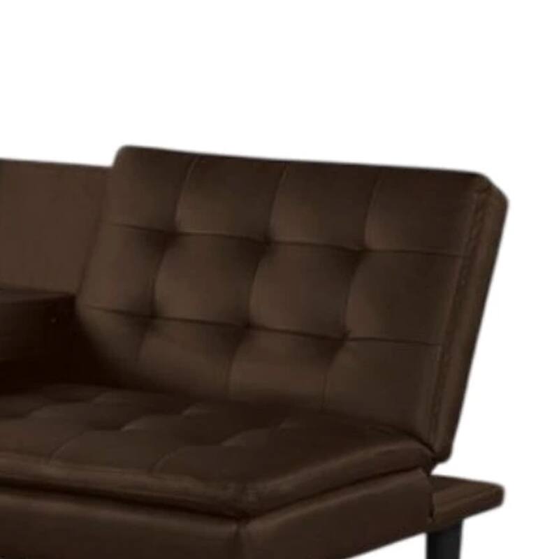Berie Futon Sofa Bed, Drop-Down Tray and Cupholder, Brown Faux Leather