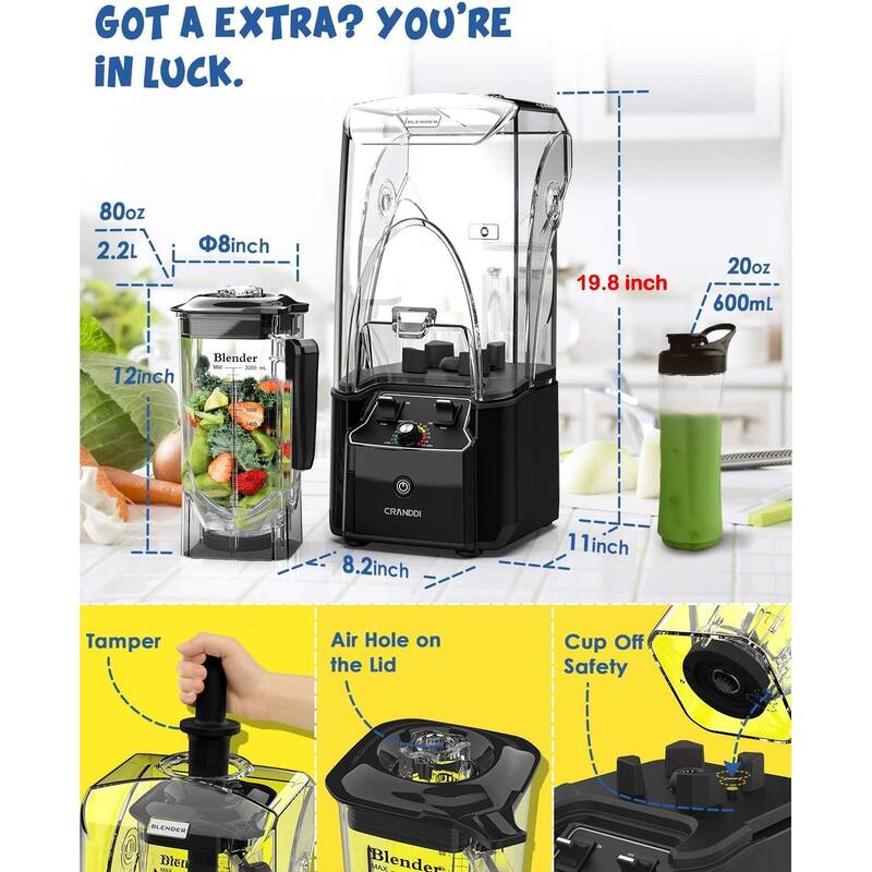 Commercial Blender with Soundproof Shield, 2200 Watt Blenders for Kitchen with 80oz Jar & Self