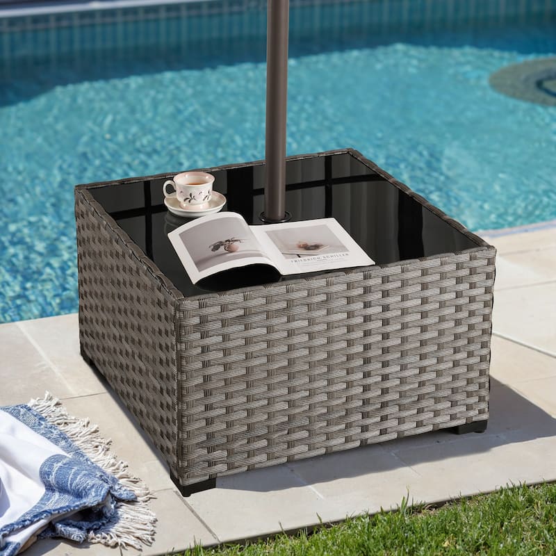 XIZZI Outdoor Wicker Coffee Table with Umbrella Hole for Garden Deck or Poolside - BBR - 29.53" x 29.53" x 18.11"