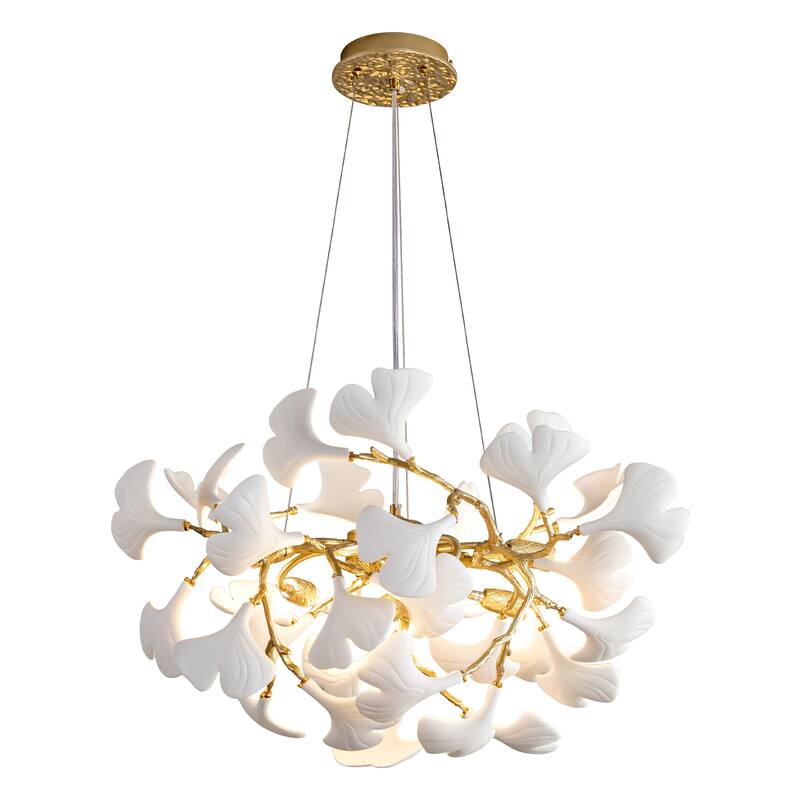 Modern Ginkgo Leaf Ceramic Chandelier, Moon Ring Round Pendant Light, D550-D1200, Gold Finish