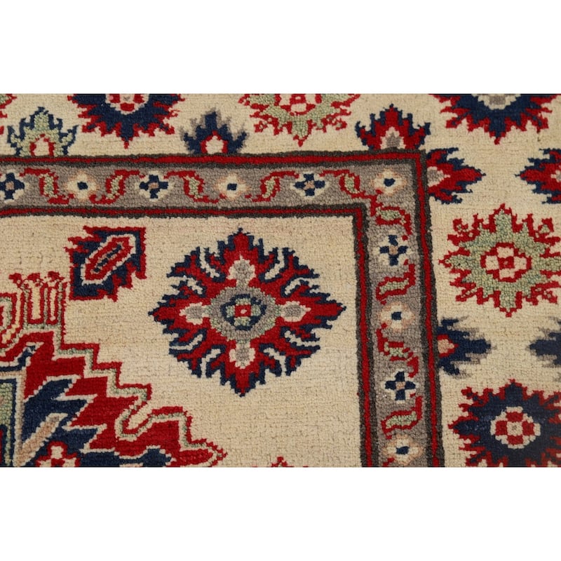 Geometric Ivory Kazak Oriental Accent Rug Handmade Wool Carpet - 3'5" x 4'11"