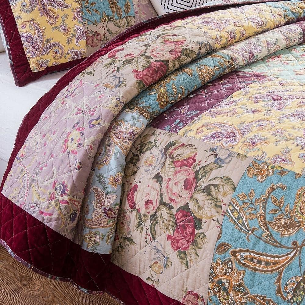 Cal King Velvet Floral Roses Patchwork Cotton Bedspread Set Burgundy