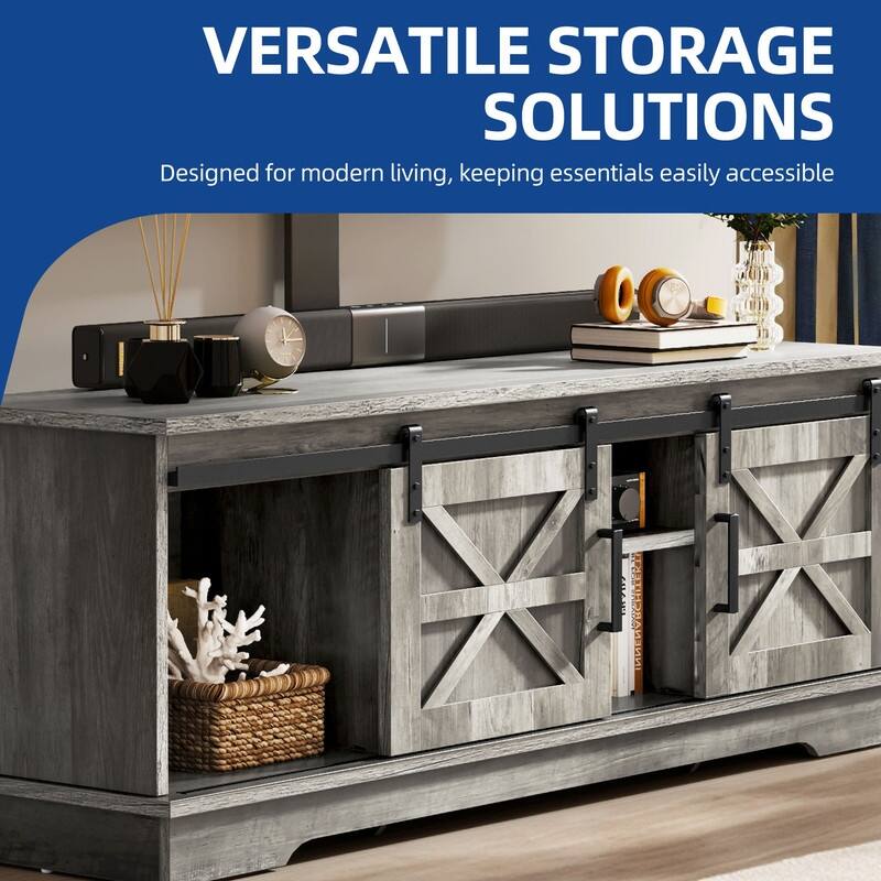 Farmhouse TV Stand for up to 65" TV with Doors and Open Shelves Media Console Power Outlet