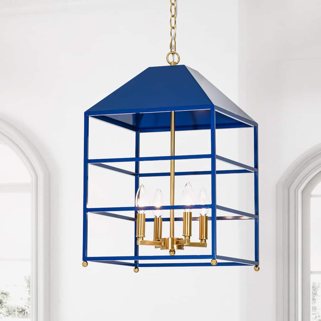 4-Light Traditional Cage Lantern Chandelier Blue and Antique Brass Candle Style Hanging Light - 14 in. W x 23.2 in. H x 14 in. D