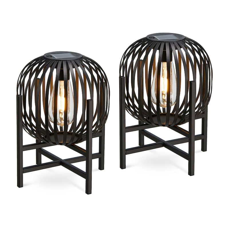 Glitzhome Set of 2 Outdoor Black Metal Striped Solar Lantern Floor Lamp