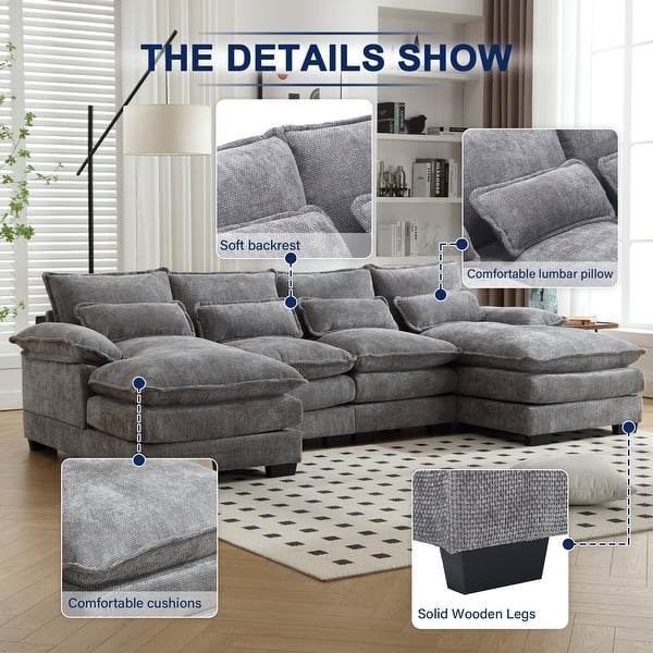 dimension image slide 4 of 11, Chenille Upholstered U-Shaped Living Room Sectional Sofa With Wooden Legs