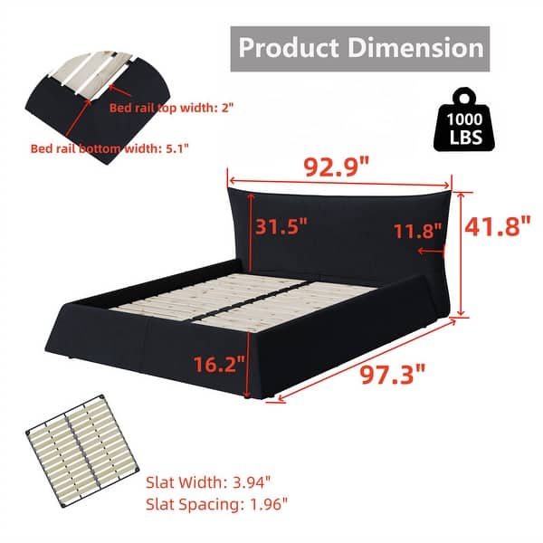 dimension image slide 2 of 3, King Size Bed Frame w/ Special Shaped Headboard,Velvet Upholstered Platform Bed Floor Bed Low Profile Bed, Mattress Foundation
