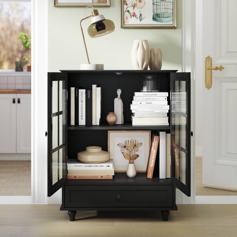 Buffet Cabinet with Double Glass Doors, Wooden Storage Cabinet, Sideboard Cupboard with Adjustable Shelves
