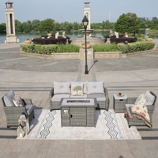 5-Piece Patio Rattan Sofa Set with Fire Pit Table - Bed Bath & Beyond ...