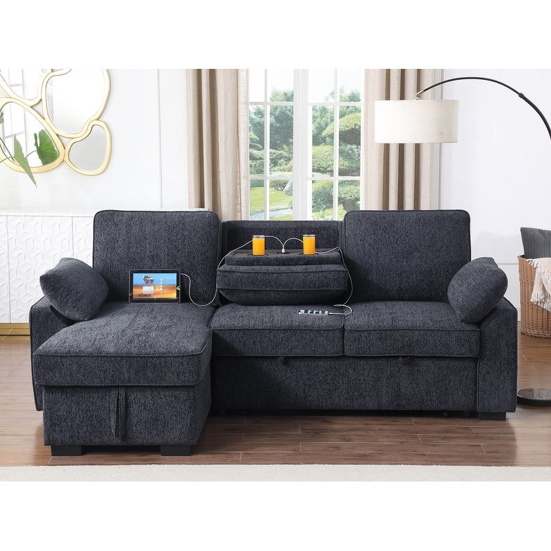 Mackenzie 91"W Chenille Fabric Reversible Sleeper Sectional with Storage Chaise, Drop-Down Table, Cup Holders & Charging Ports