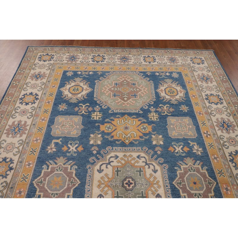 Blue Geometric Kazak Oriental Rug Handmade Traditional Wool Carpet - 6'8" x 10'0"