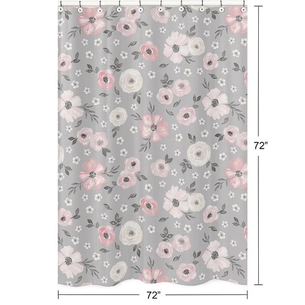 Grey Watercolor Floral Collection Bathroom Fabric Bath Shower Curtain - Blush Pink Gray White Shabby Chic Rose Flower Farmhouse