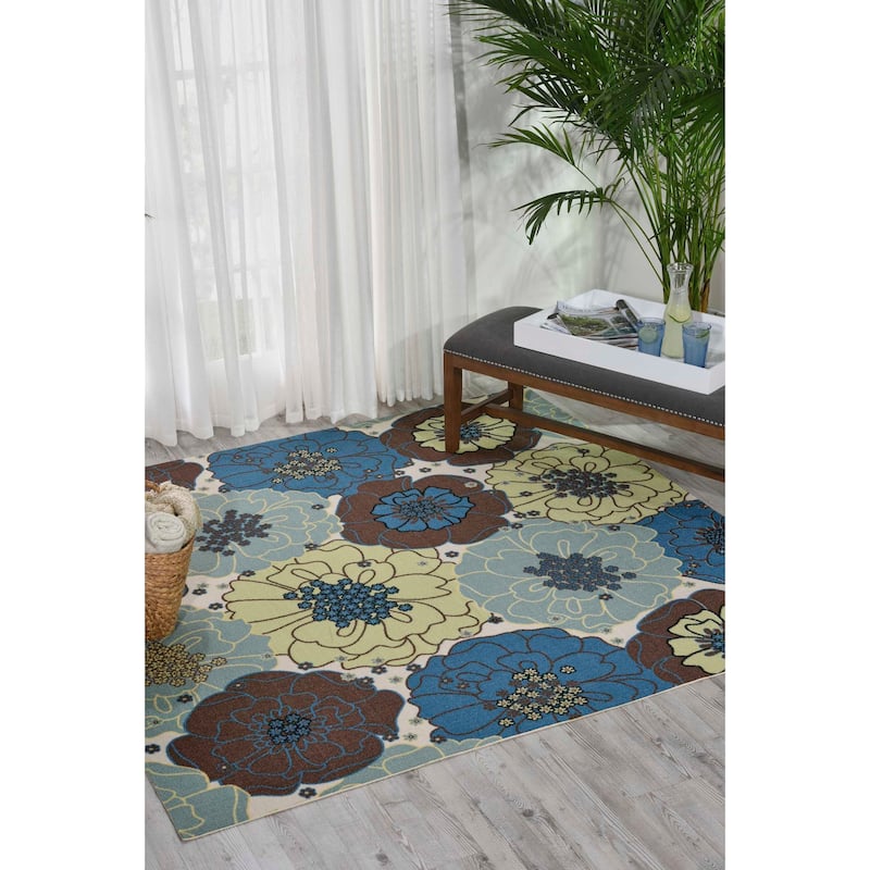 Nourison & Garden Floral Indoor / Outdoor Area Rug - 7'9" Square - Light Blue