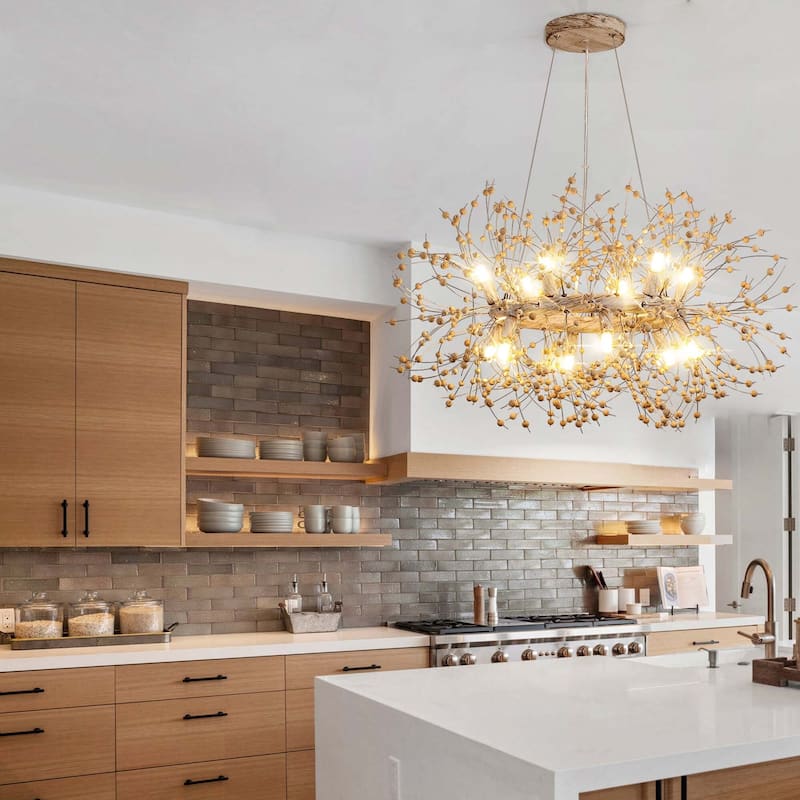 9-Light Modern Firework Sphere Chandelier with Wooden Beads for Dining Room and Living Room