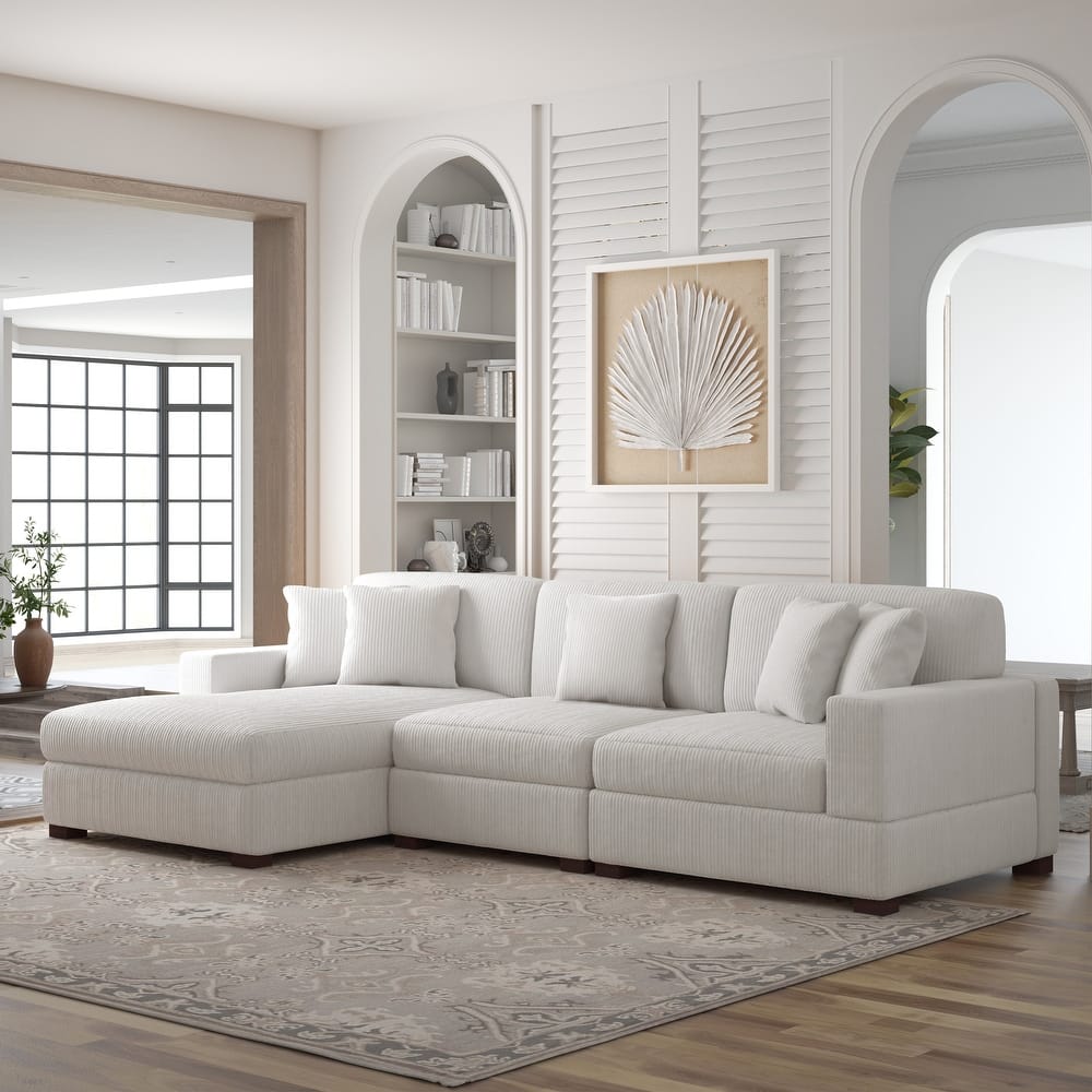 118" W Corduroy L-shape Modular Sectional Sofa with Pillows