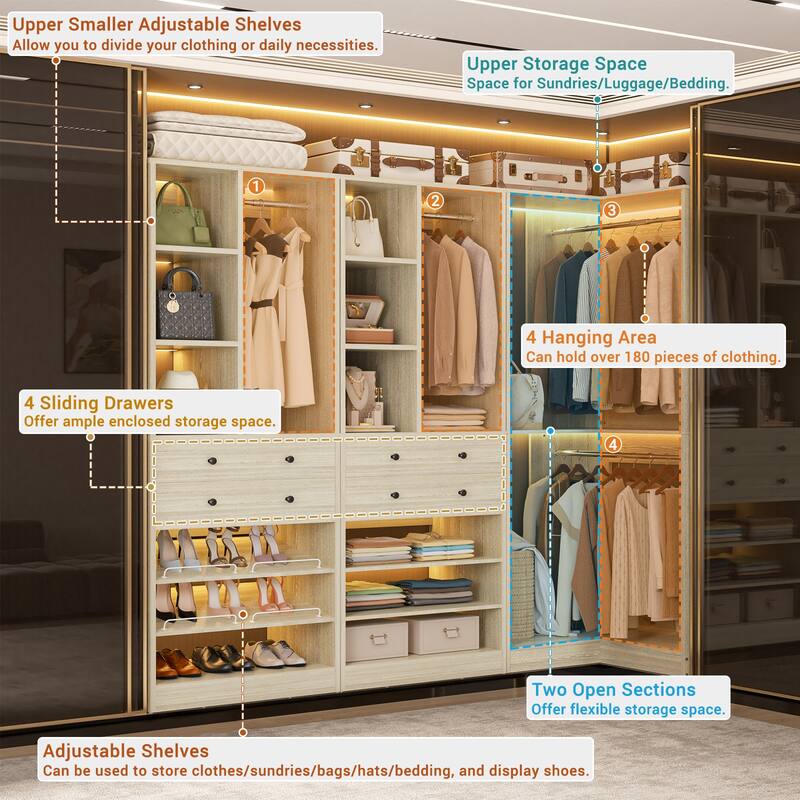 Set of 2/ 3 Coner Closet System with Shoe Racks and Drawers, Freestanding Closet Organizer with Hanging Rods and Shelves