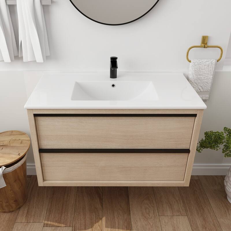 Wall-Mounted Plywood Bathroom Vanity Set in Plain Light Oak with Integrated Sink