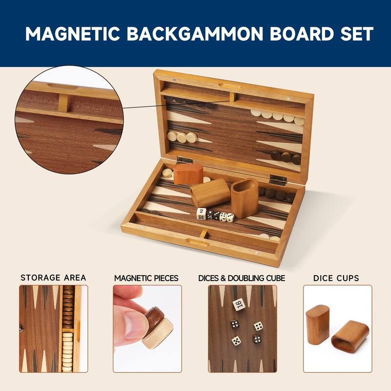 GSE™ 11" Premium Wooden Inlay Backgammon Board Game Set, Portable Folding Backgammon Board Game with Game Pieces - 11-Inch
