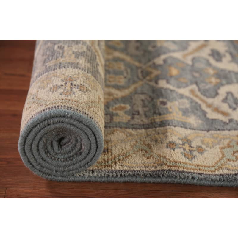 Light Blue Oushak Oriental Runner Rug Hand-Knotted Floral Wool Carpet - 2'7" x 9'11"