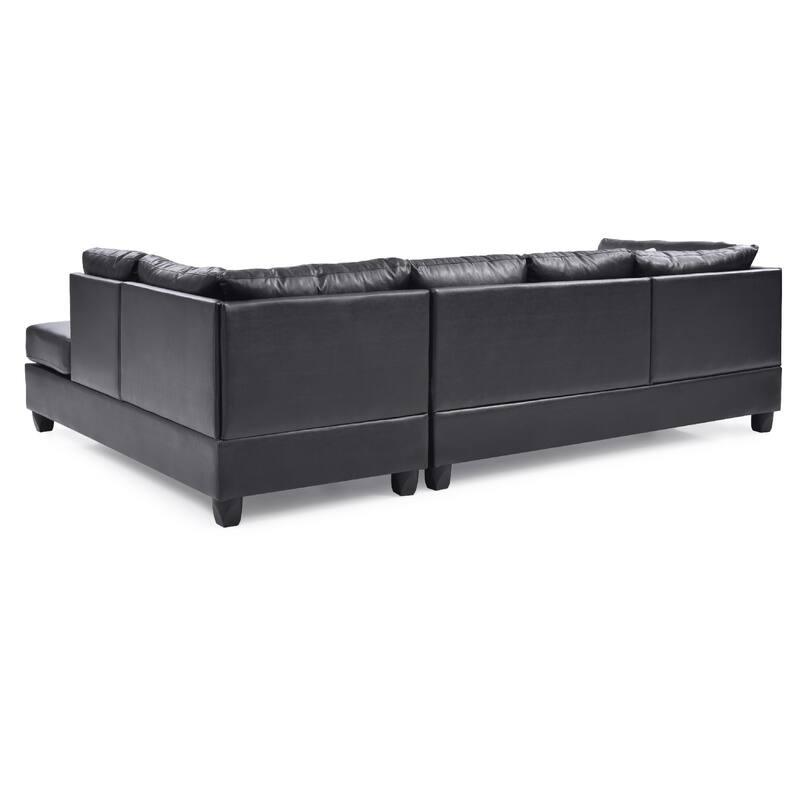 Reversible Faux Leather 4-Seater Sectional Sofa with Throw Pillows - 111" - Black