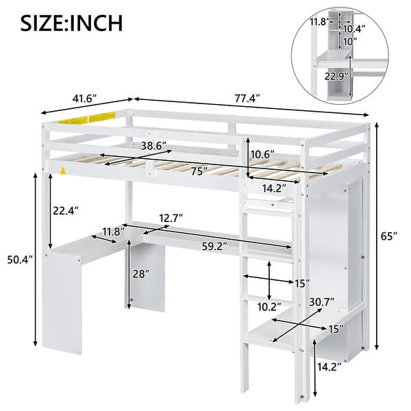 dimension image slide 0 of 4, Twin/Full Size Loft Bed with L-Shaped Desk, Wardrobe and Storage Shelves, Solid Wood Loft Bed Frame with Ladder and Guardrail
