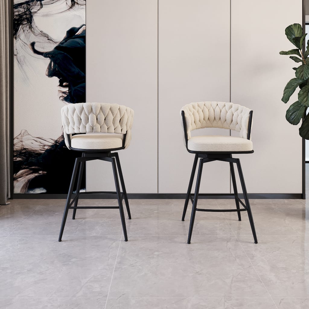 26 Inch Bar Stools Set of 2 White Linen Upholstered Black Legs Swivel Footrest