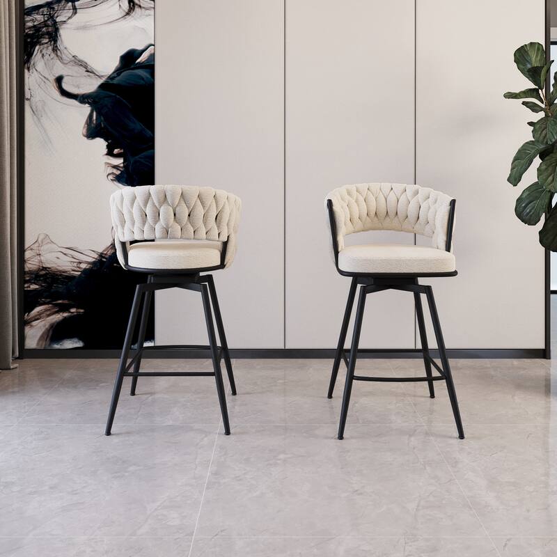 360 Swivel Suede Woven Bar Chair Set of 4, Upholstered Barstools with Metal Base