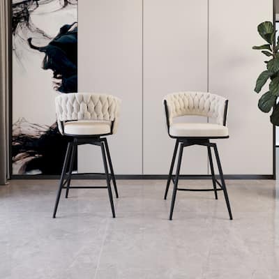 Bar Stool Set of 2, Upholstered Swivel Bar Stool with Woven Back and Armrest, Kitchen Island Chairs with Footrest