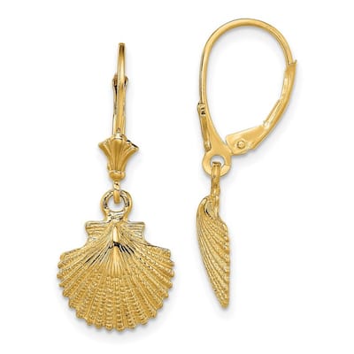 Curata 14k 2D Text Yellow Gold Scallop Shell Leverback Earrings - 30x12.4mm