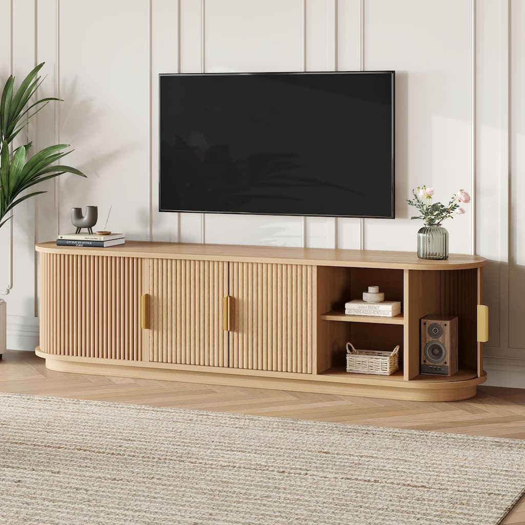 Farmhouse TV Stand & Coffee Table Set with Fluted Sliding Door & Golden Handles, for TVs up to 75"