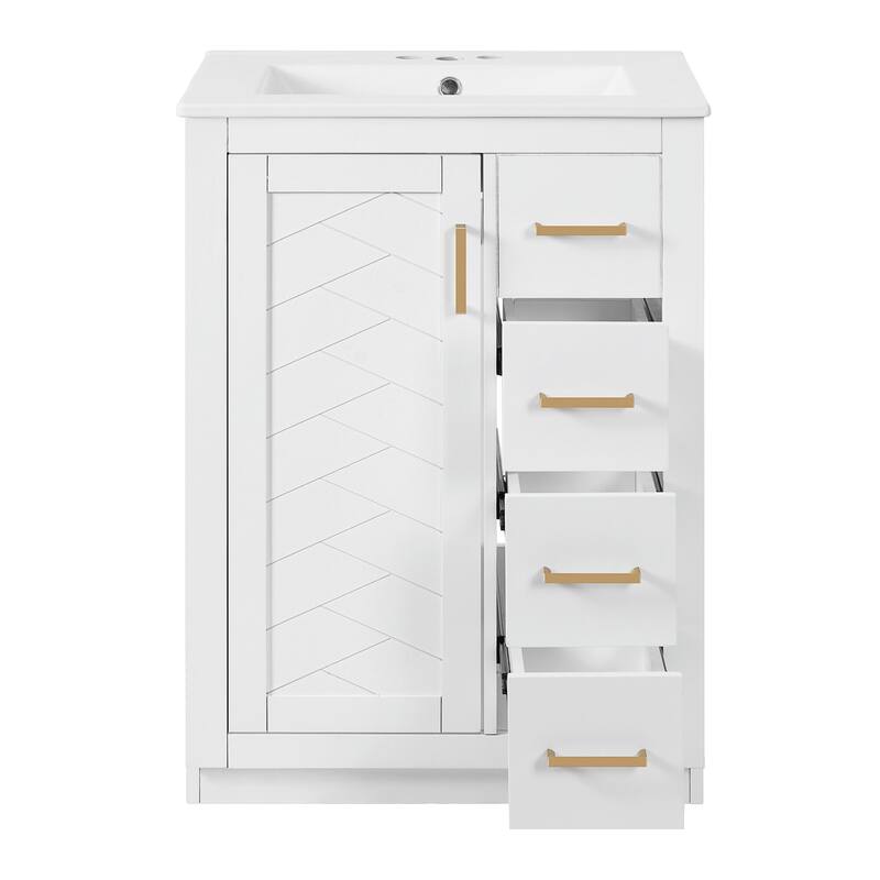 24" Bathroom Vanity with Integrated Ceramic Sink, Cabinet with 1 Door and 3 Drawers
