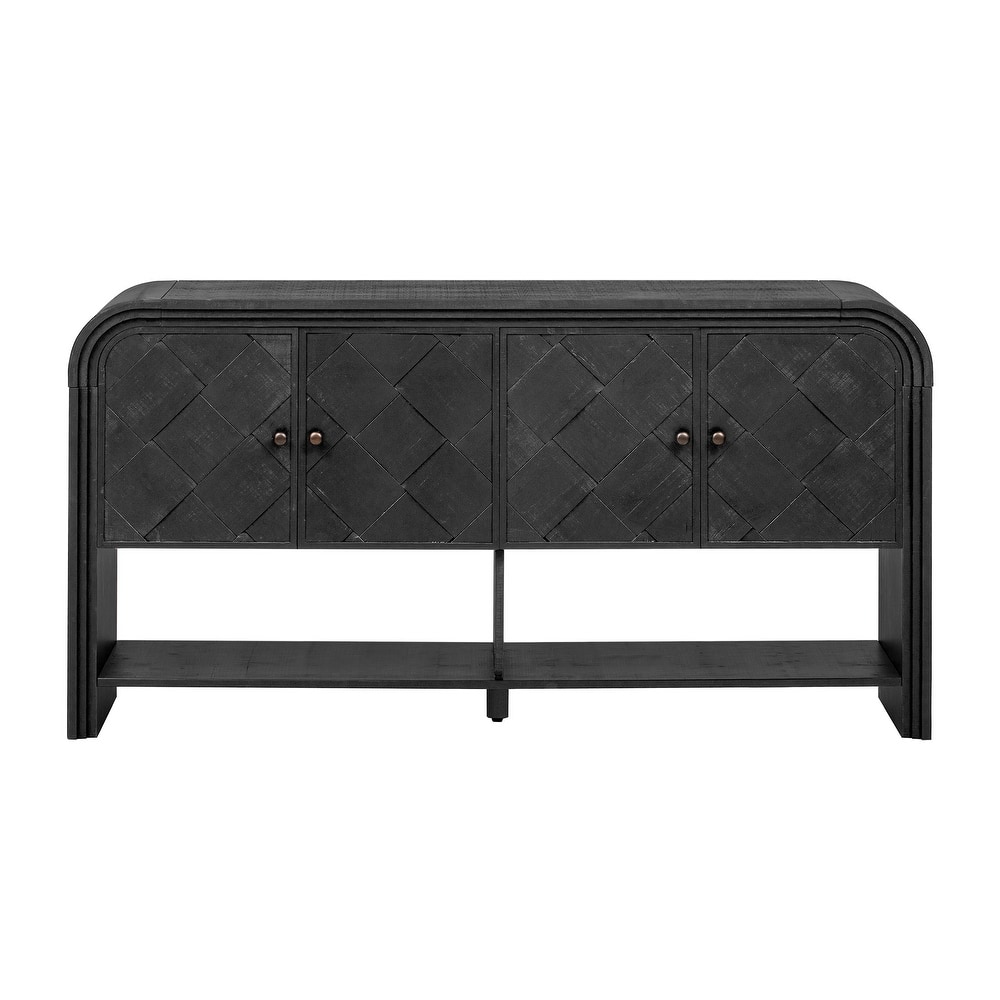 Versatile Console Table with Woven Wood Slats, Solid Wood 59.8" Storage Entryway Table with 4 Doors and Open Shelf