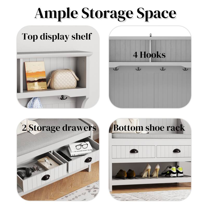 Entryway Hall Tree Cabinet Coat Rack with Cushion Shoe Bench, Storage Cabinet with Sliding Drawers