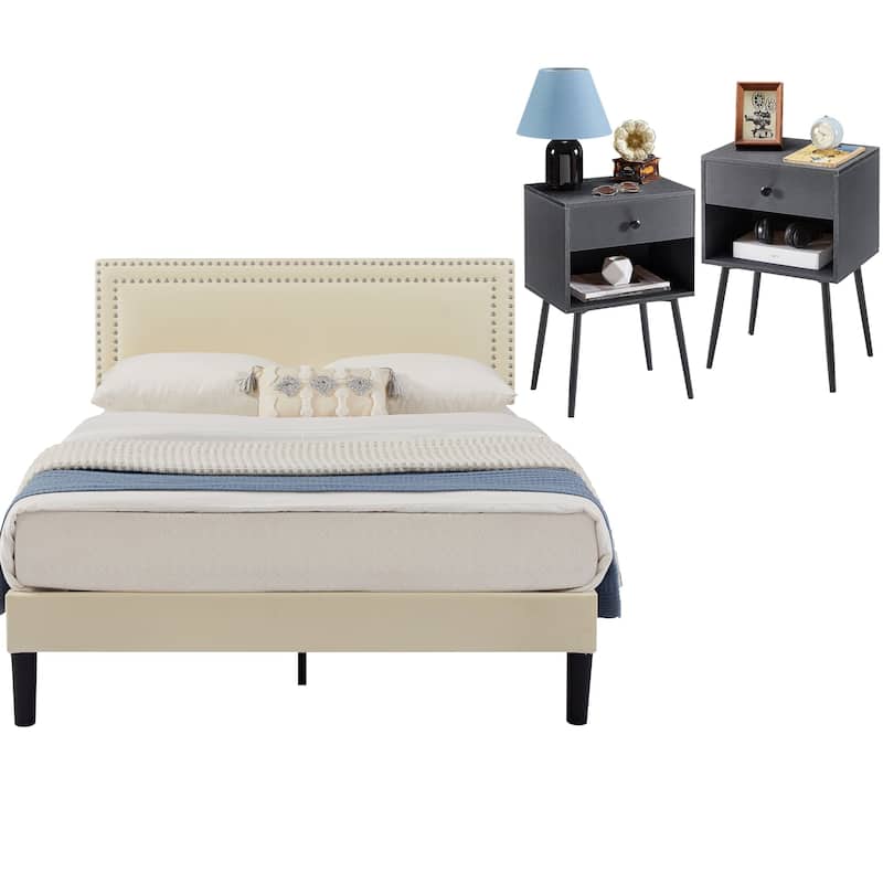 VECELO 3-Pieces Upholstered Platform Bed Frame with Adjustable Headboard and Nightstands Set of 2, Beige