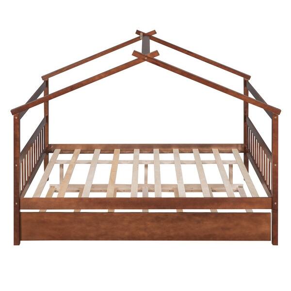 slide 2 of 11, Full House Bed with Twin Trundle & Headboards - Safe & Durable Walnut - Full