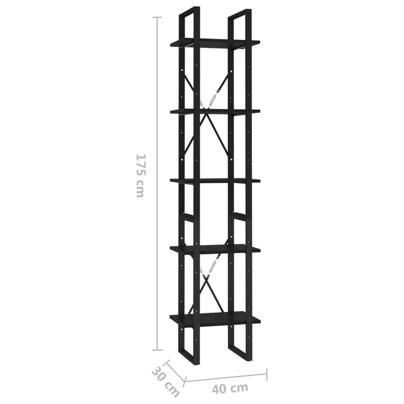 vidaXL 5-Tier Book Cabinet Black 15.7"x11.8"x68.9" Engineered Wood - 15.7" x 11.8" x 69.9"