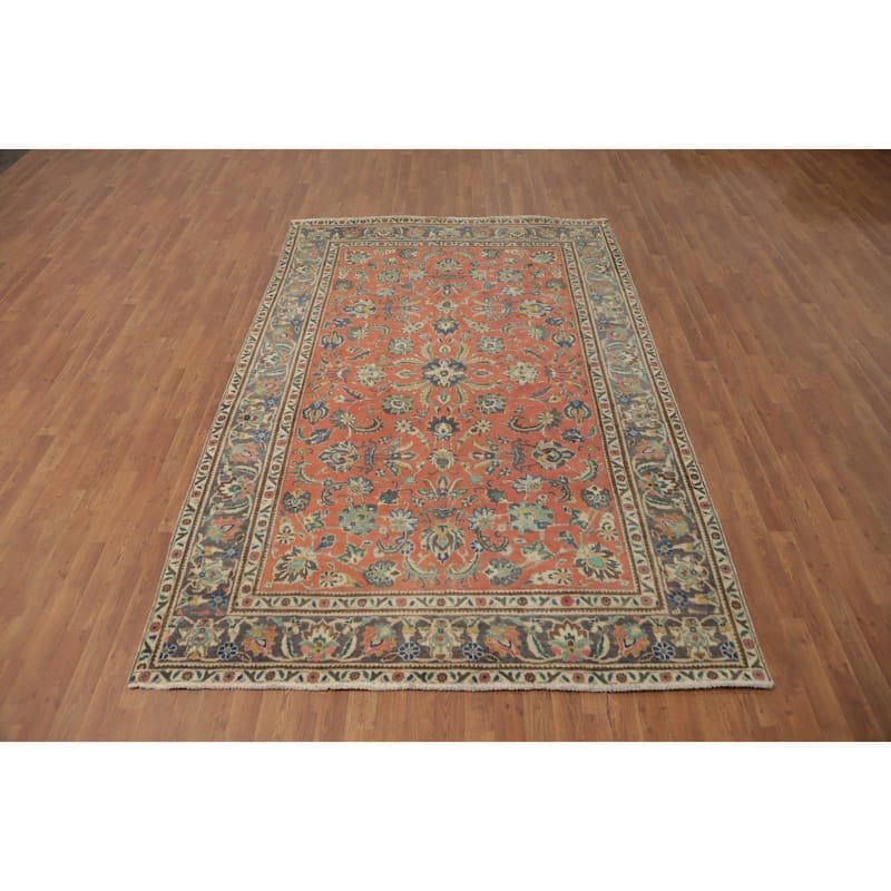 Hand Knotted Oriental 100% Wool Carpet Traditional Floral Oranges & Rust Tabriz Area Rug - 9' 9'' X 6' 4''