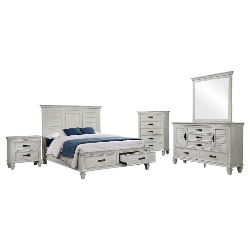 Eli 5 Piece Queen Bedroom Set, Footboard Storage, Rustic White Wood