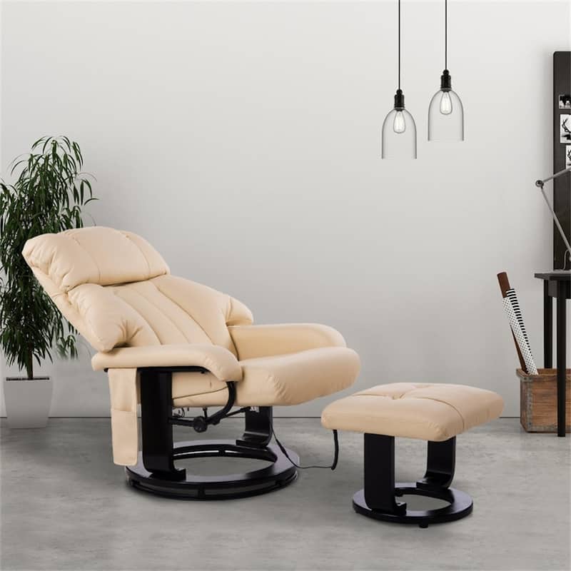 Beige PU Leather Swivel Massage Recliner Chair with Ottoman and 10-Point Vibration Included Remote - 30" W x 31.5" D x 40.25" H