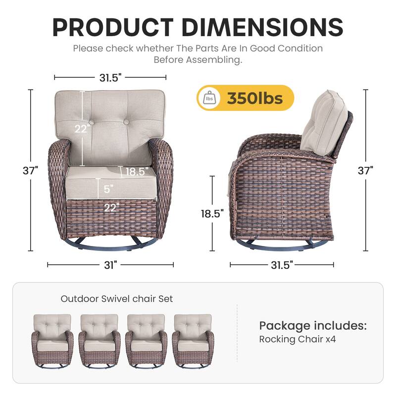 Gymojoy 4-Piece Outdoor Wicker Swivel Chair Set, 5" Thick Wide Cushions, Patio Lounge Chairs