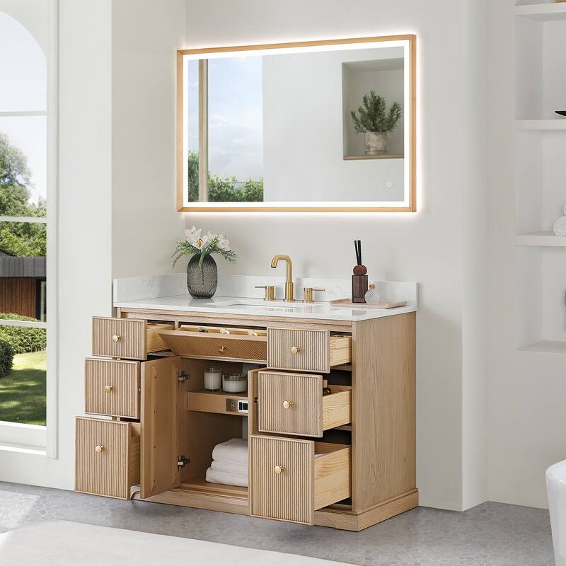 Barnett Bathroom Vanity in Natural Oak with Grain White Engineered Stone Countertop No Mirror